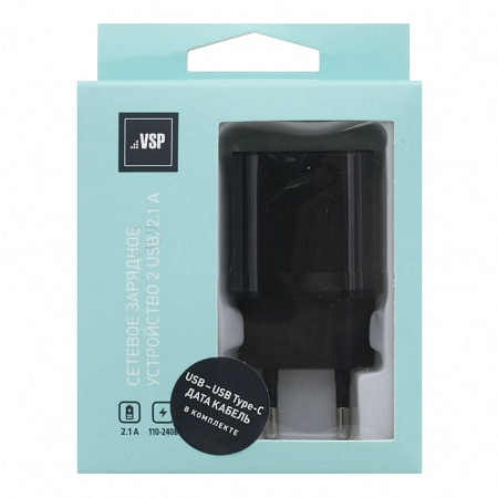 СЗУ Vespa 2USB, 2,1A + кабель Type-C, 1м,2А (черный)
